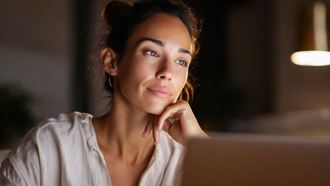 A thoughtful woman sits in a cozy, softly lit environment, gazing intently at her laptop, reflecting on ideas while embodying a serene yet engaged demeanor, exuding a sense of curiosity and inspiration