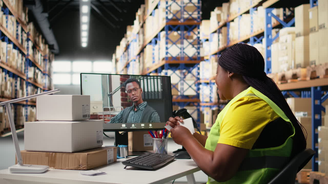 Vertical Video African american woman discussing with a manager on web video call