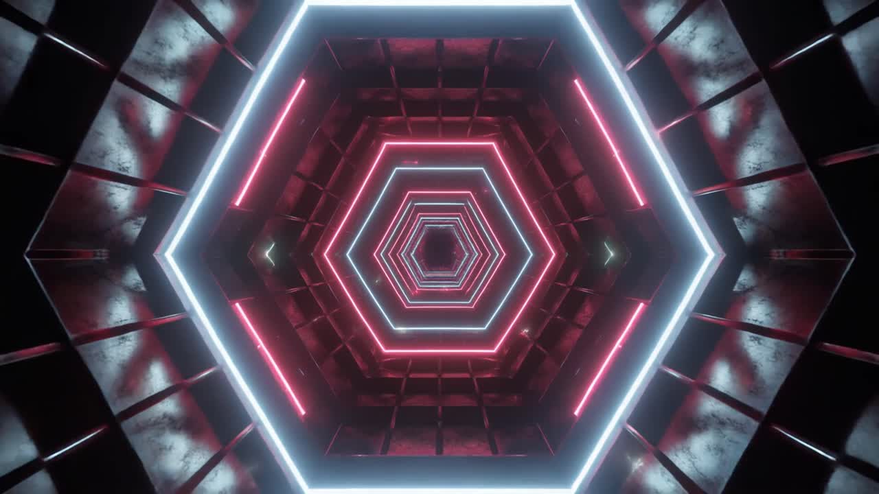 Volare attraverso un futuristico tunnel esagonale al neon.