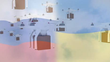 animación de drones con una caja sobre las banderas de rusia y ucrania