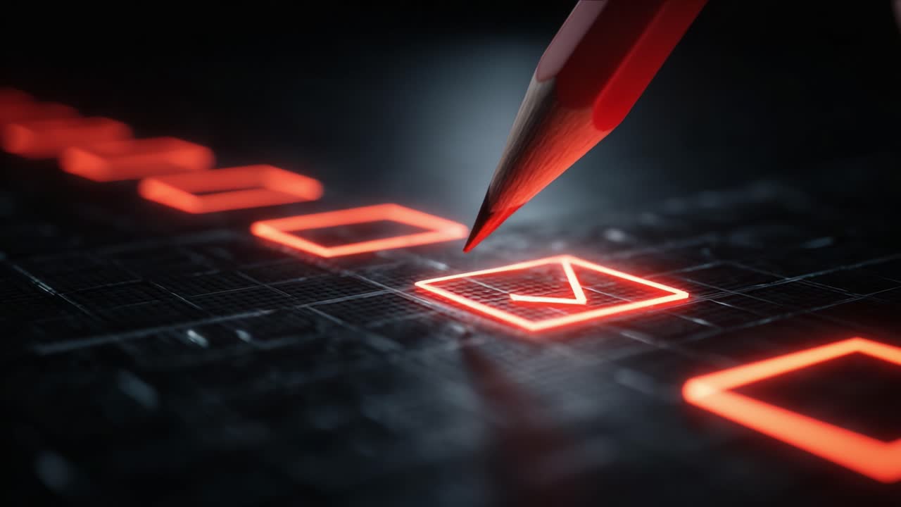 A close-up view of a red pencil poised to check off a glowing, illuminated checkbox on a dark, technologically inspired surface, symbolizing decision-making and task completion