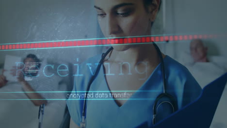 in hospital, medical professional reviewing patient information with data transfer animation