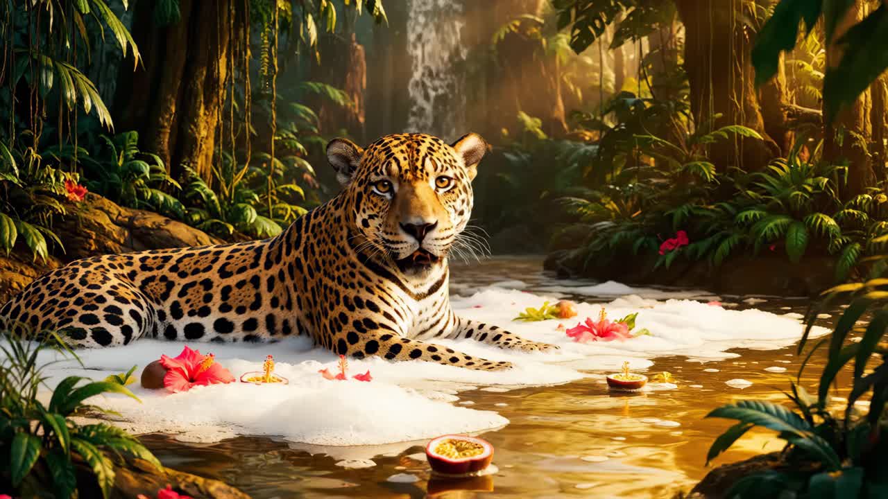 Jaguar in a Tropical Jungle with Waterfall
