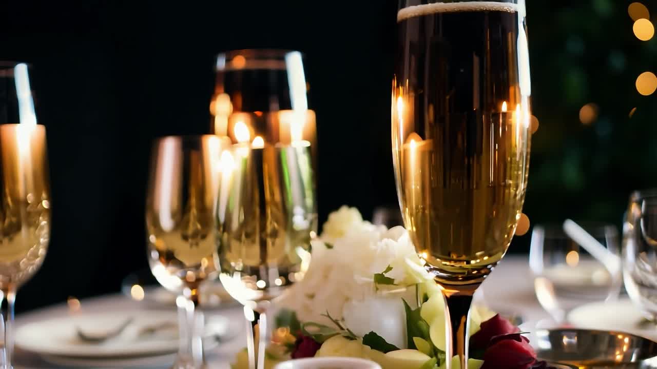 카메라가 어두운 방에서 반이는 페인 컵으로 장식된 고급스러운 크리스마스 저녁 파티로 미끄러집니다.