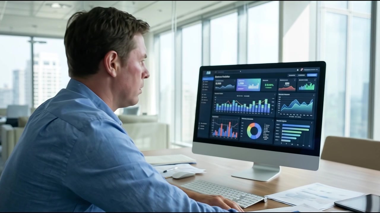 Stressed Businessman Working on Data Analytics in Modern Office
