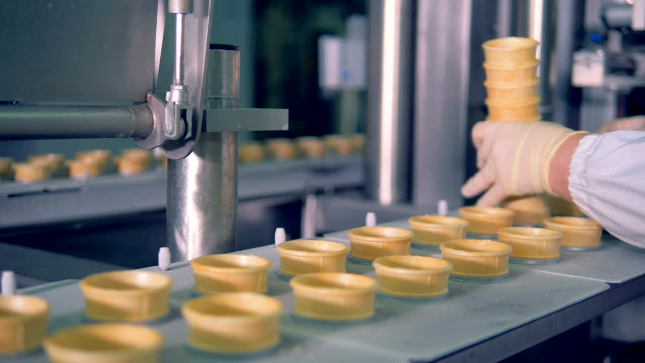Factory worker is putting wafer cups into a moving conveyor belt