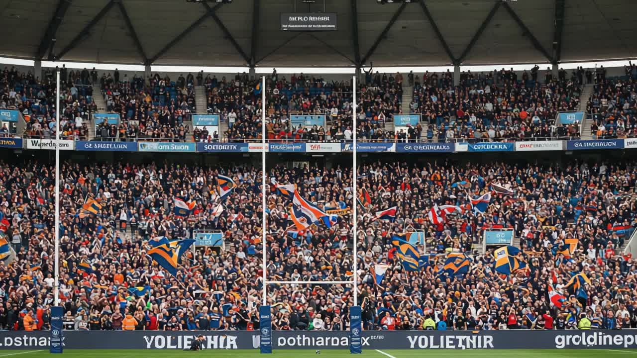 A Vibrant Rugby Match Atmosphere Captured: Fans Eagerly Wave Flags and Support Their Teams in a Thrilling Surrounding Filled with Excitement and Energy