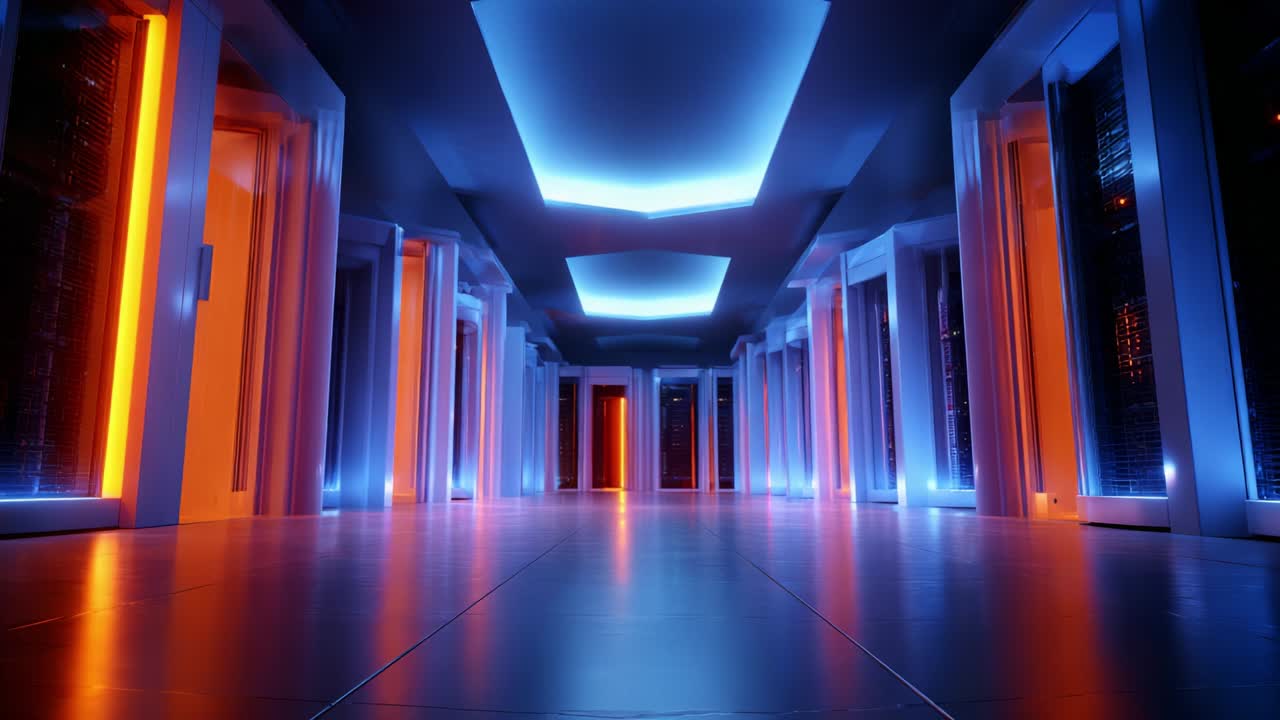 A captivating view of a futuristic corridor illuminated with bright lights in varying shades of orange and blue, showcasing sleek architectural lines that create a dynamic sense of space and technology