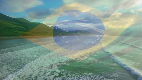 composición digital de la bandera brasileña ondeando contra la vista aérea de la playa
