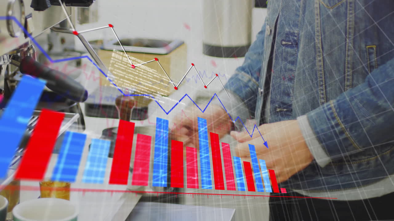 Barista steaming milk at espresso machine, showing animated financial charts and code overlays
