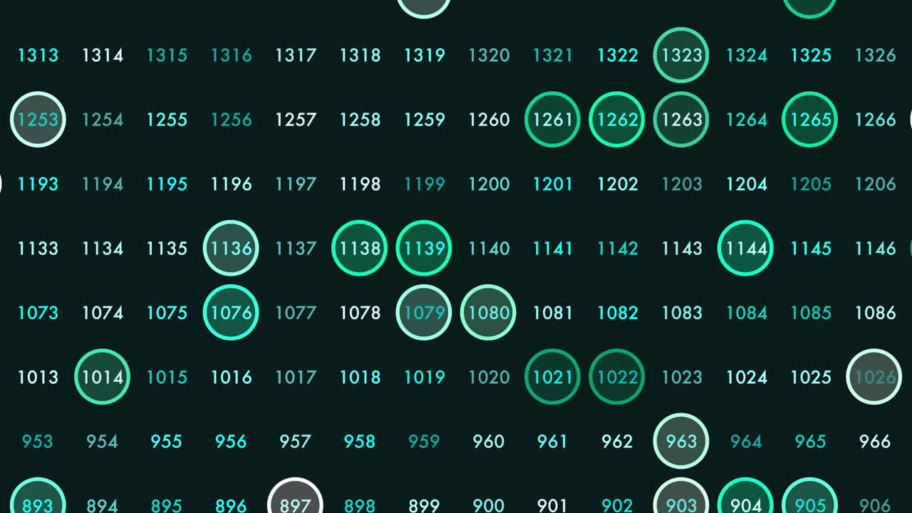 Futuristic data visualization interface showing a grid of numbered nodes with glowing circles and highlights, ideal for technology, analytics, network, and UI concepts