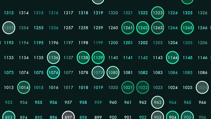 Futuristic data visualization interface showing a grid of numbered nodes with glowing circles and highlights, ideal for technology, analytics, network, and UI concepts