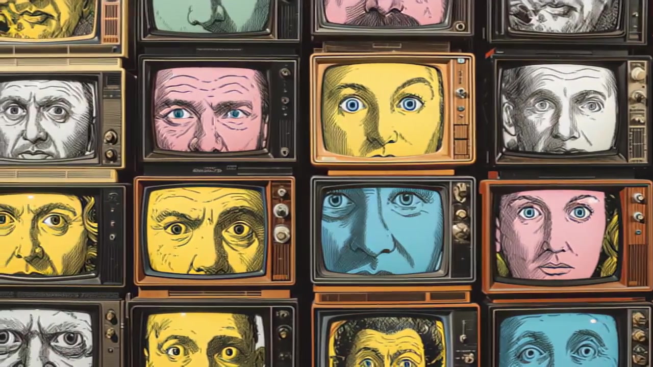 Riprese di televisori vintage impilati che mostrano volti umani stilizzati e illustrati a colori vivaci, che evocano mass media, sorveglianza, propaganda e sovraccarico di informazioni