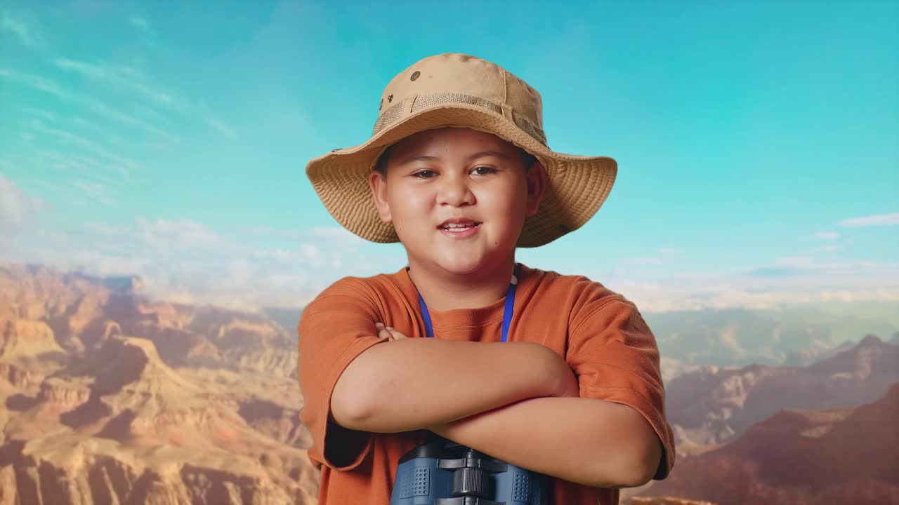 Asian Boy With A Hat And Binoculars Crossing Arms And Smiling To Camera While Traveling At The Top Of Mountain. Boy Researcher Examines Something, Travel Adventure Concept, Close Up