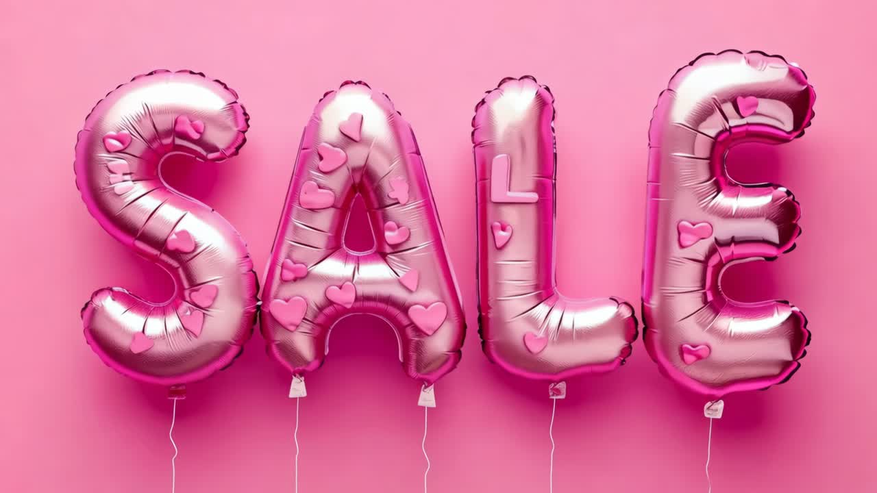 un fondo rosa con globos rosados que deletrean la palabra venta