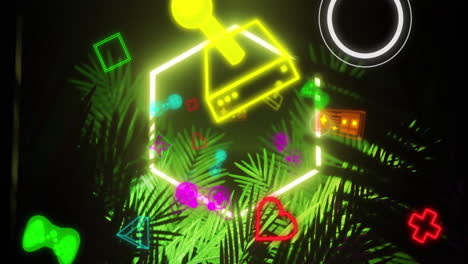 animación de íconos de computadoras y videojuegos y hexágono en neón amarillo, sobre hojas de palma en negro