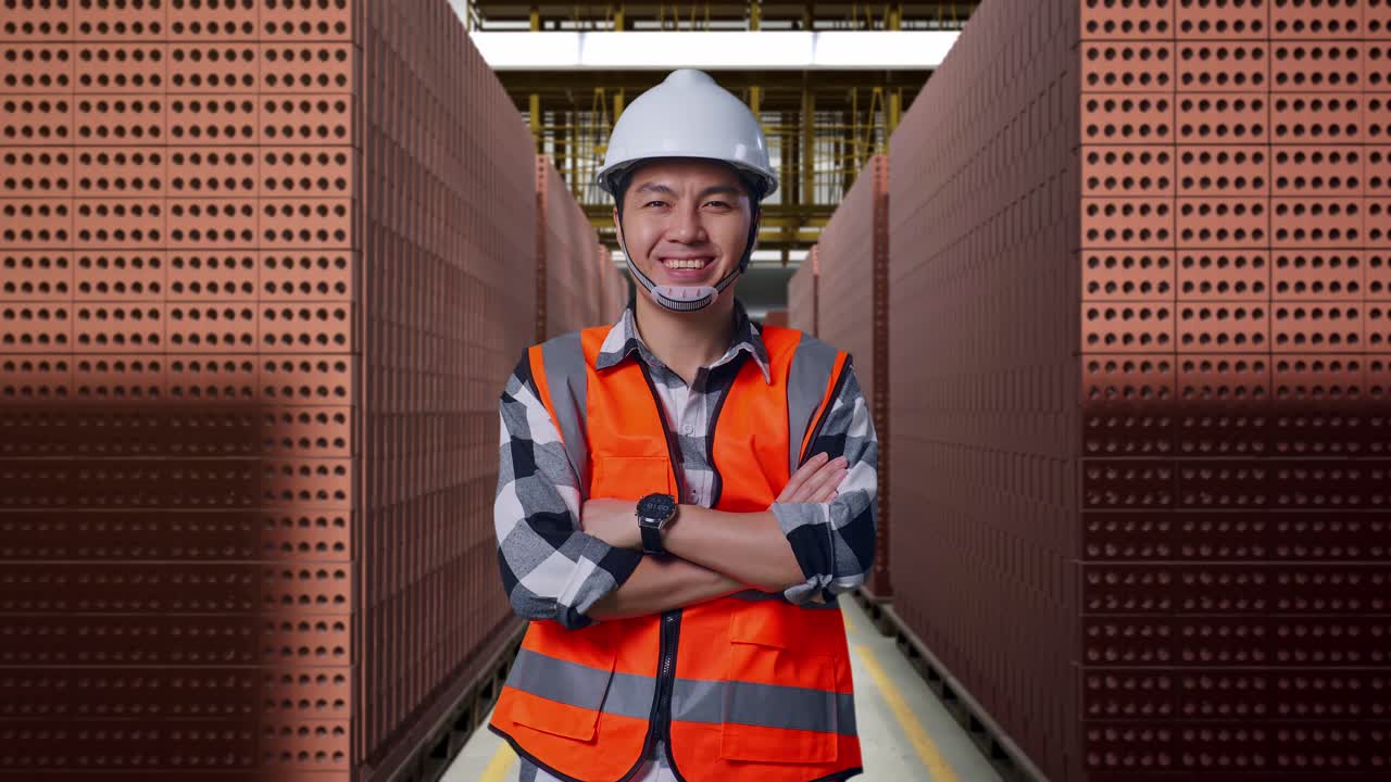 Asian Male Engineer With Safety Helmet Crossing His Arms And Smiling To Camera While Standing With Red Brick Packed in Stacks Are Stored