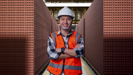 asian male engineer with safety helmet crossing his arms and smiling to camera while standing with red brick packed in stacks are stored
