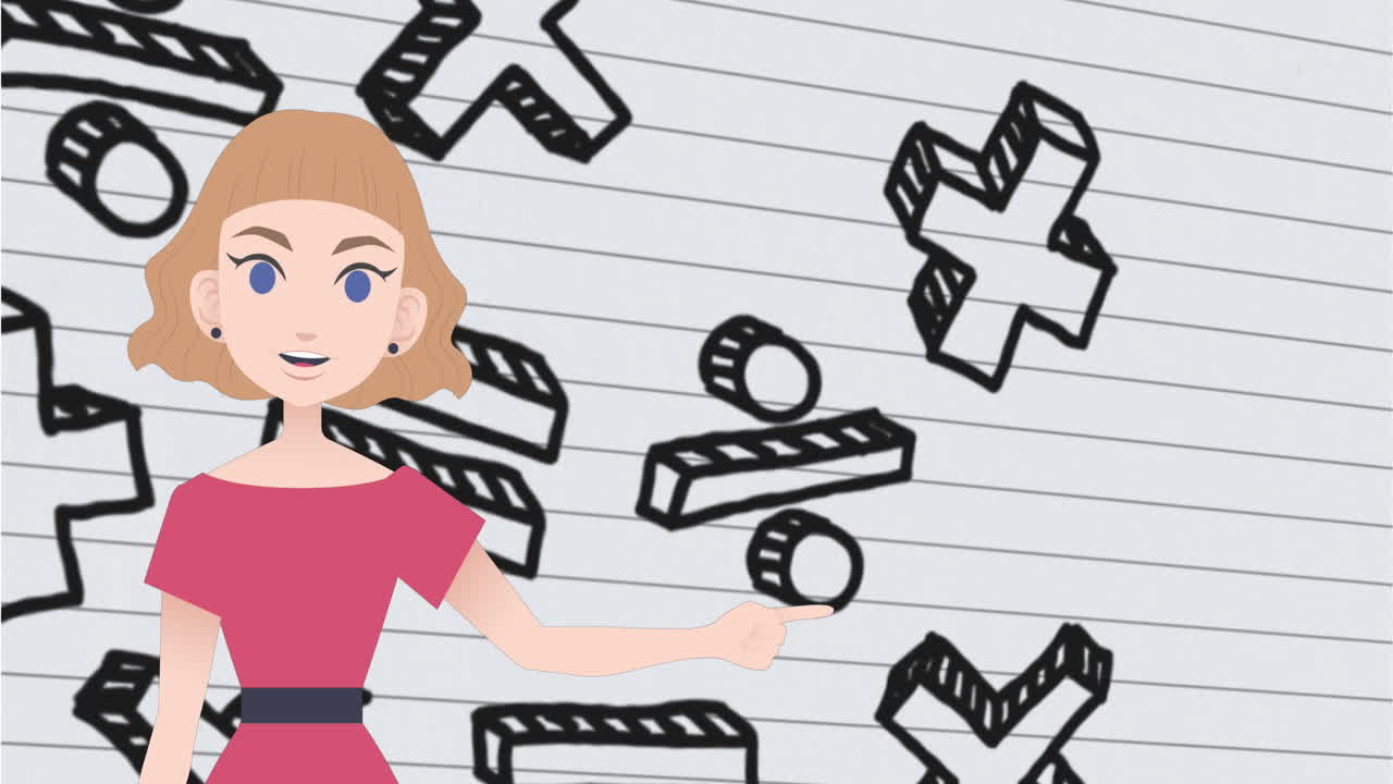 Animación de mujer hablando sobre símbolos matemáticos