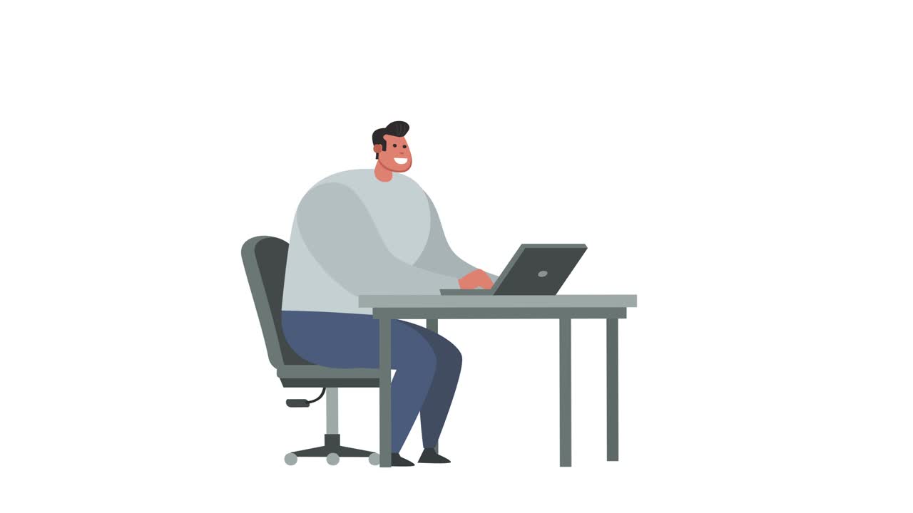 dibujos animados aislados hombre gordo plano personaje trabajo de laptop lugar de trabajo animación de bucle con luma mate