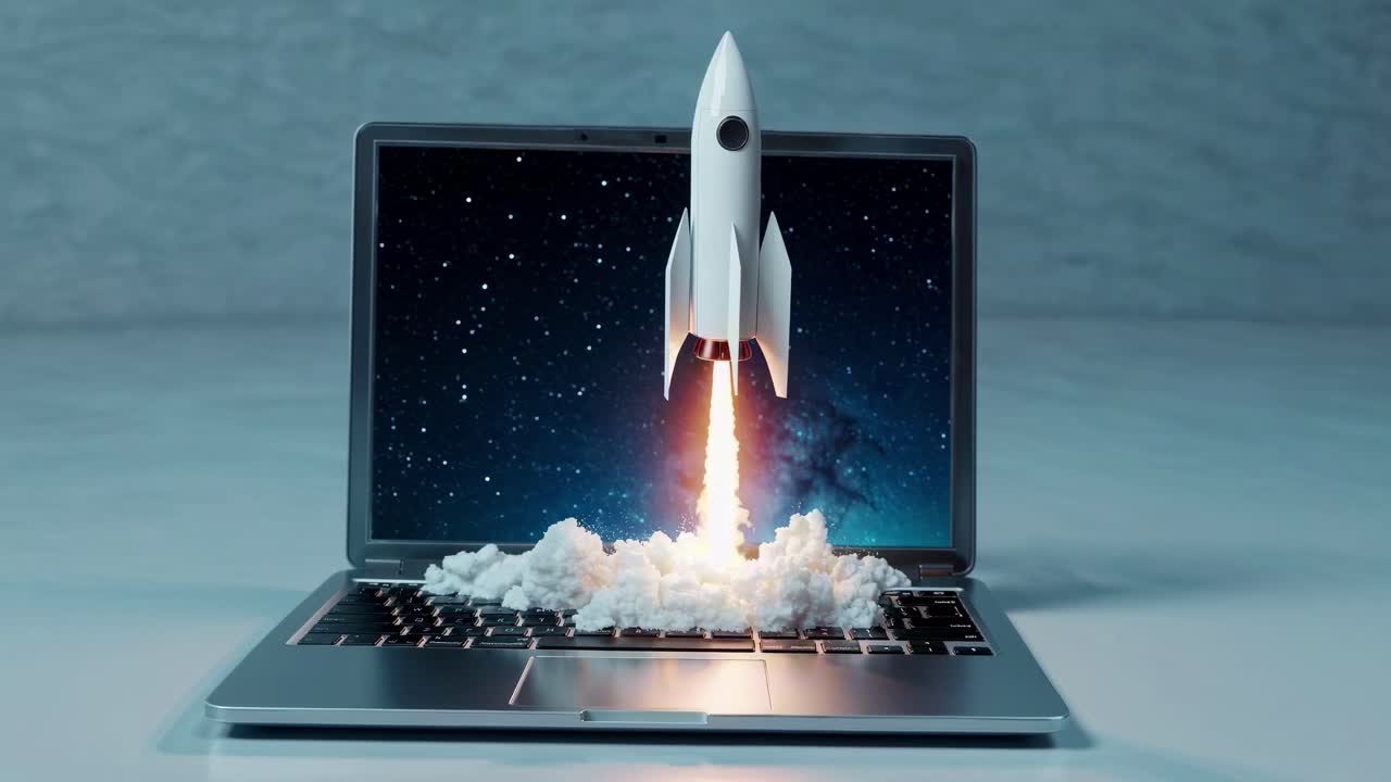 A rocket launching from a laptop screen, symbolizing innovation