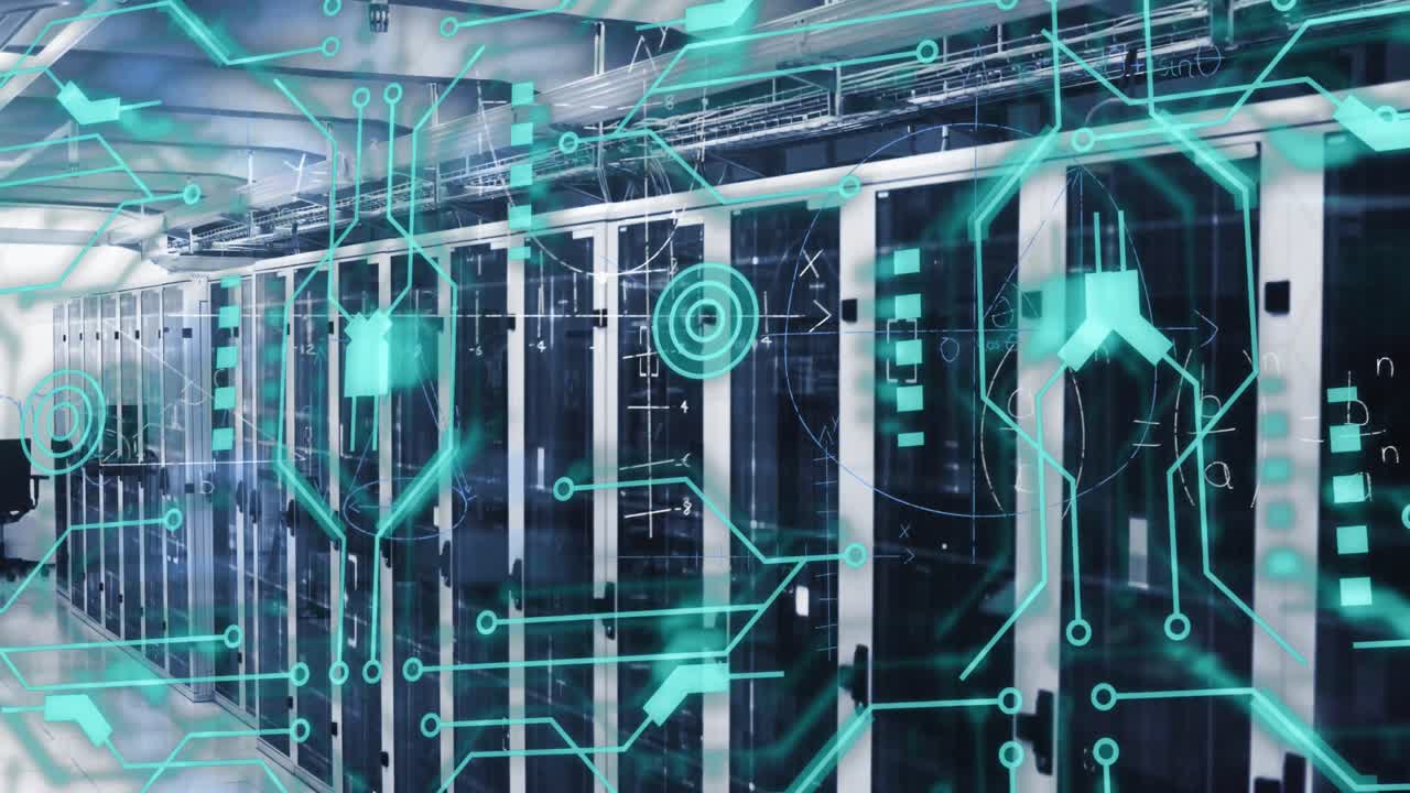 Animation of connections and data processing over circuit board and servers