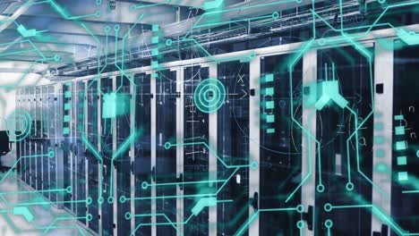 animazione delle connessioni e dell'elaborazione dei dati su schede di circuiti e server