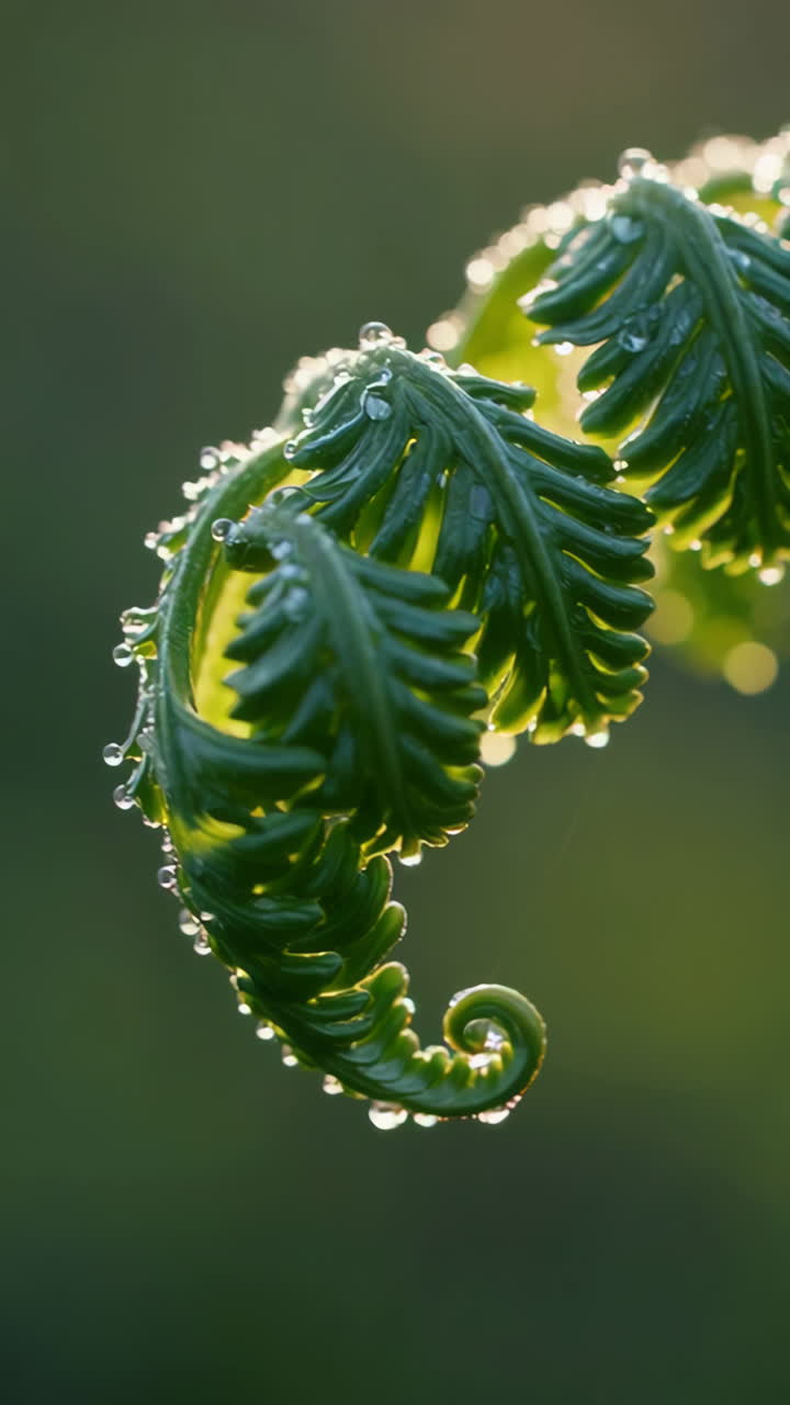Close-up of a Spiral Fern Fiddlehead with Dew Drops