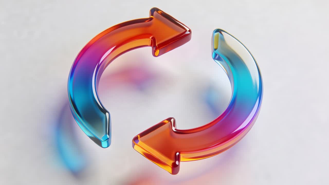 Video verticale: Anello di frecce vetrose in loop che gira e si inclina su un tavolo bianco, mostrando un cambiamento di colore.