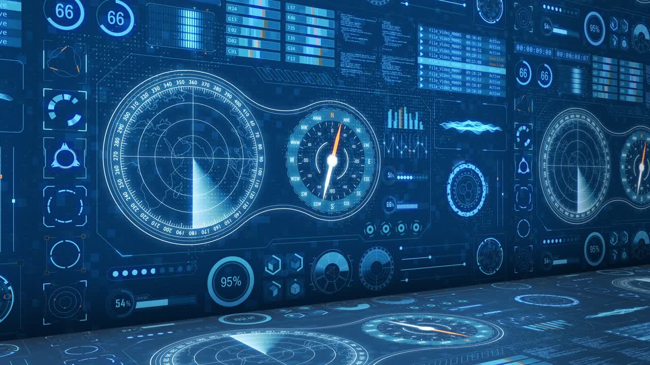 Motion graphic of blue color sonar radar screen searching an object with futuristic head up display ( HUD UI ) technology interface elements graph on 3D abstract background seamless loop video