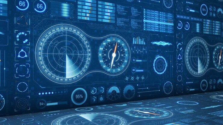 Motion graphic of blue color sonar radar screen searching an object with futuristic head up display ( HUD UI ) technology interface elements graph on 3D abstract background seamless loop video