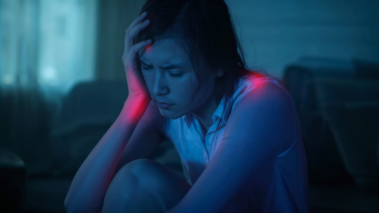 Reazione al dolore, donna che preme la tempia sul pavimento del soggiorno, indossa una camicetta senza maniche, luce rossa