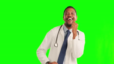 Happy-black-man,-doctor-and-dance-on-green-screen