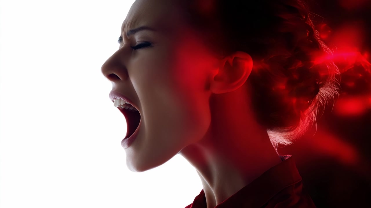 Intense Expression of Emotion Captured in a Powerful Moment of Vocal Release with a Dramatic Visual Contrast of Light and Shadow Surrounding the Subject