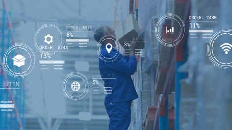 warehouse worker stacking boxes with digital data processing animation overlay