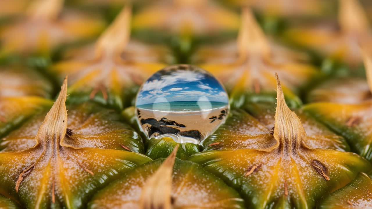 A Stunning Close-Up of a Water Droplet on a Cactus Surface, Capturing a Scenic Beach View, Merging Nature's Beauty with Reflections in Macro Photography