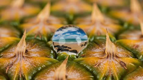 a stunning close-up of a water droplet on a cactus surface, capturing a scenic beach view, merging nature's beauty with reflections in macro photography