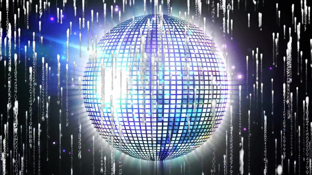 Animation eines Globus mit Lichtspuren über violetten Lichtspuren.