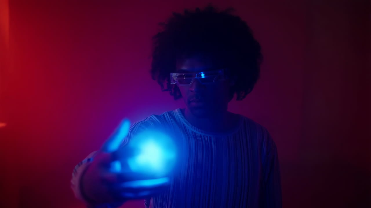 Afrotukkainen mies futuristisissa laseissa pitää kädessään hehkuvaa sinistä palloa