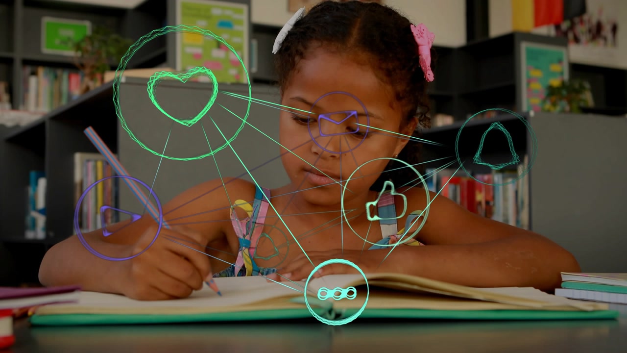 Female student starting pencil, writing homework while neon icons floating over page, shifting glow