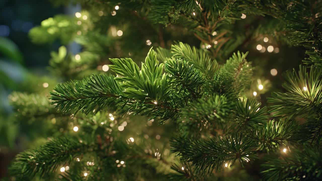 Eine Nahaufnahme von üppigen, grünen Kiefernzweigen, die mit sanften, funkelnden Lichtern geschmückt sind – perfekt, um in dieser Weihnachtszeit eine warme und einladende Atmosphäre zu schaffen
