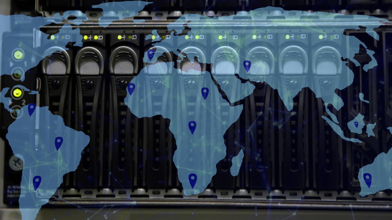 animación de puntos específicos en el mapa sobre el panel trasero de los equipos eléctricos en el fondo