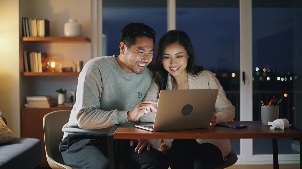 Pointing at laptop screen initiating couple typing on keyboard and laughing in apartment at night
