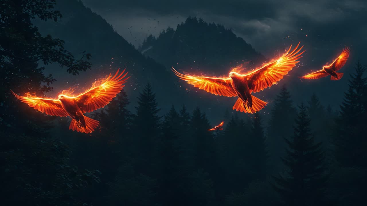 A mesmerizing display of fiery birds soaring through a mystical forest, illuminated against the backdrop of shadowy mountains, creating an ethereal atmosphere of wonder