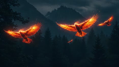 a mesmerizing display of fiery birds soaring through a mystical forest, illuminated against the backdrop of shadowy mountains, creating an ethereal atmosphere of wonder