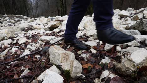 people walking through a rocky path in a forest