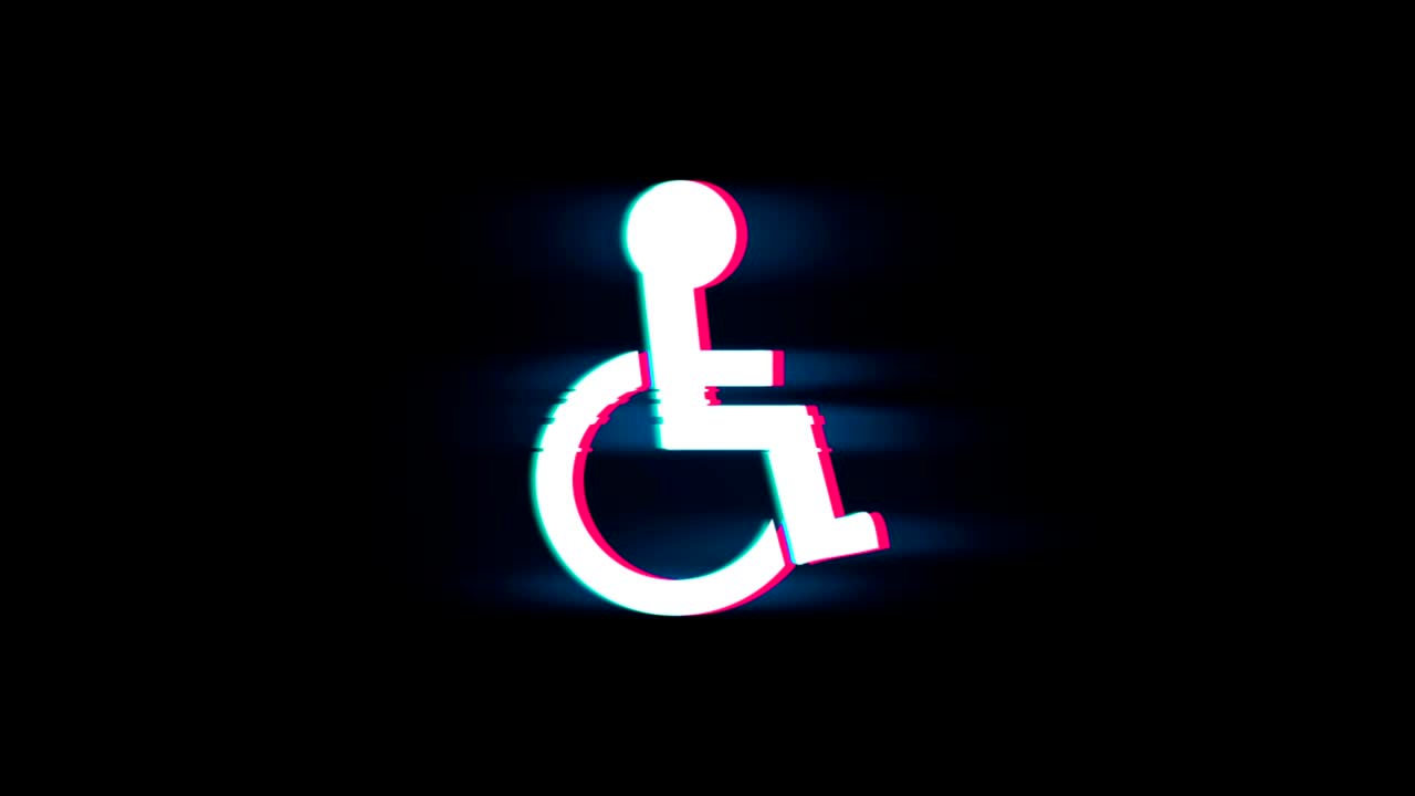 símbolo de discapacidad desactivado en la animación vintage retro de glitch.