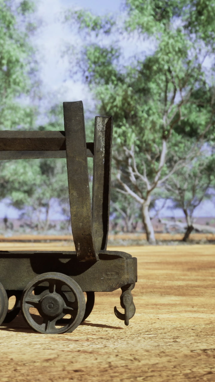 Rusty cart on dry ground with trees in background near water