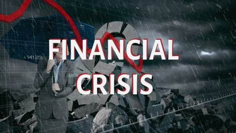 financial crisis text and red graph moving over woman with umbrella against broken british pound sym