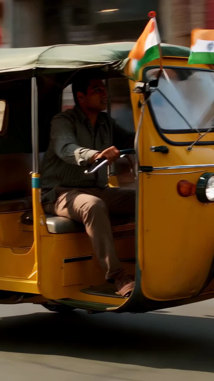 Vídeo vertical: homem dirigindo um riquixá amarelo, vestindo camisa e guiando em uma rua da cidade com bandeiras tremulando